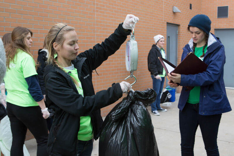 Students on Campus Dining's Green Team perform a weekly audit at The Connection.
