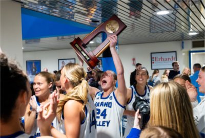 Lakers players celebrating winning the Midwest Regional Championship of the 2026 NCAA Division II Women's Basketball Tournament