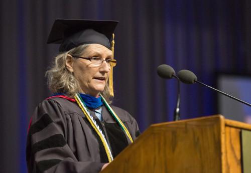 Faculty Senate chair Karen Gipson is pictured at the 2014 Faculty Awards Convocation. This year's event is set for February 5.