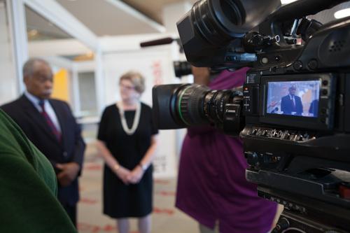 James Moyer, associate vice president for Facilities Planning and Lee Van Orsdel, dean of University Libraries answer media questions
