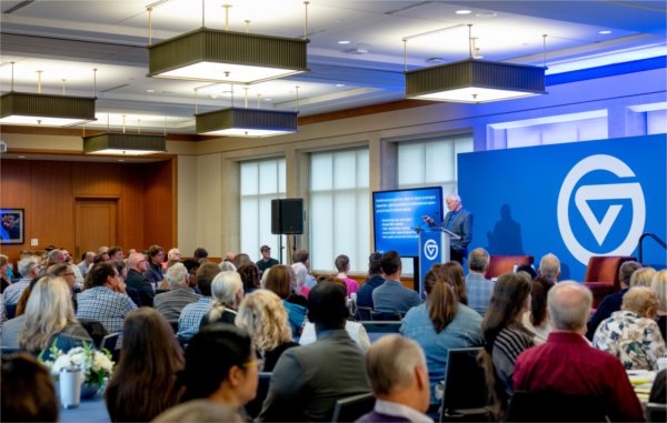 Renowned biologist Leroy Hood delivers his address to an audience at the Seidman Center as part of this year's Tech Week. 