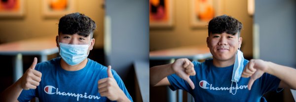 Student properly wearing a face covering.