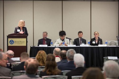 Jean Nagelkerk introduces the panel at the January 9 Health Summit at the Eberhard Center.