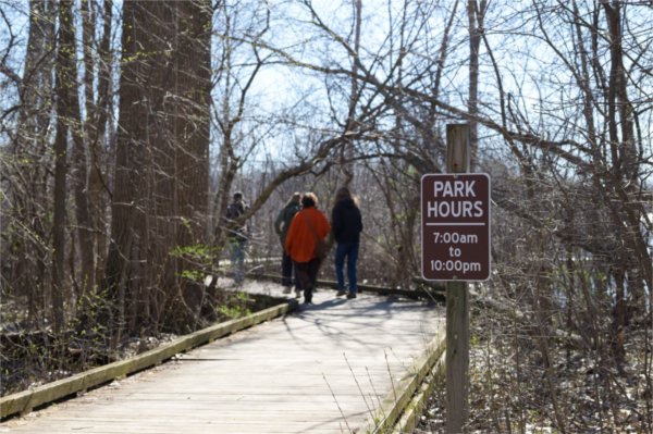 The ornithology club walks onto the boardwalk at Waterfront Park.
