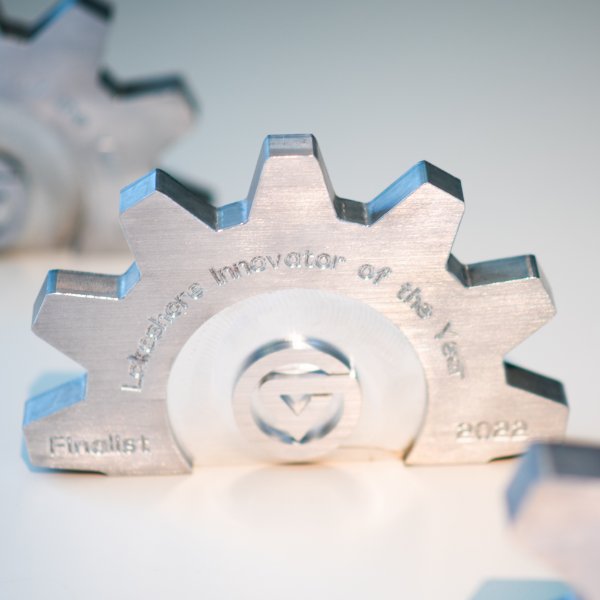 Closeup of Innovator of the Year finalist trophy