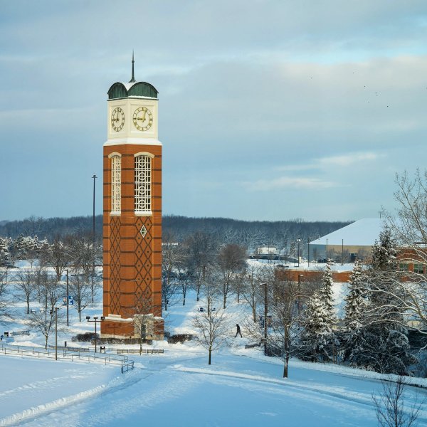 winter image of Allendale Campus clock tower in foreground