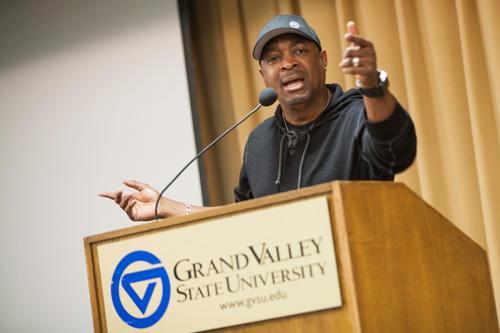 Chuck D addresses an overflow crowd in Kirkhof Center.