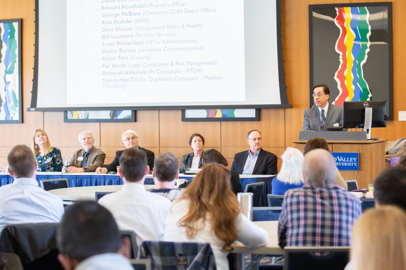 Grand Valley experts told the audience at a March 29 meeting that results from indoor air quality tests at select buildings on the Pew Grand Rapids Campus were found to be safe.