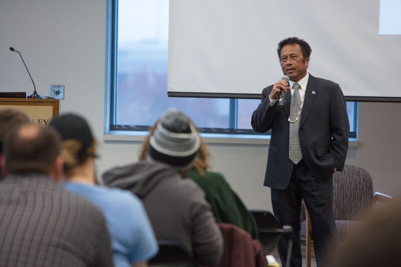 President Tommy Remengesau addressed students at a lecture about his nation's role in global warming and other international issues.