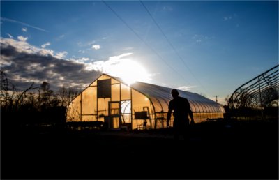 The sun sets behind a hoop house on the SAP farm. 