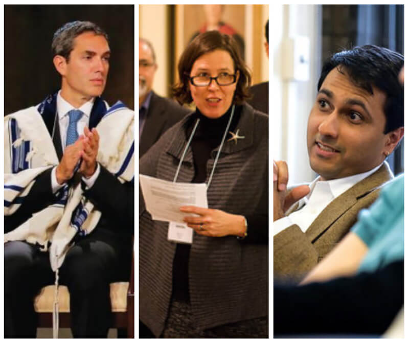 three people headshots in one photo: Elliot J. Cosgrove, Jennifer Howe Peace and Eboo Patel