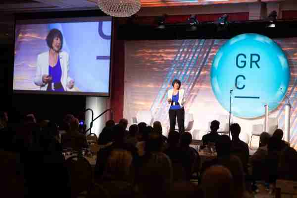 President Philomena V. Mantella on stage during the the Grand Rapids Area Chamber of Commerce's West Michigan CEO Summit.