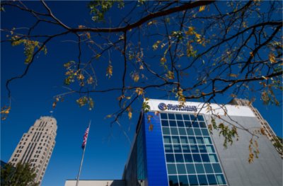 Battle Creek Innovation Center, blue sky with tree branch in foreground