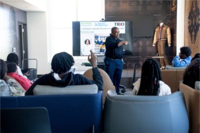 TRIO students from GVSU-authorized charter schools in Detroit gather at Michigan Central for a day of activities centered on STEAM projects.