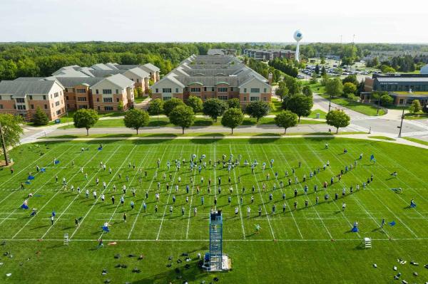 The aerial view of the band rehearsing.