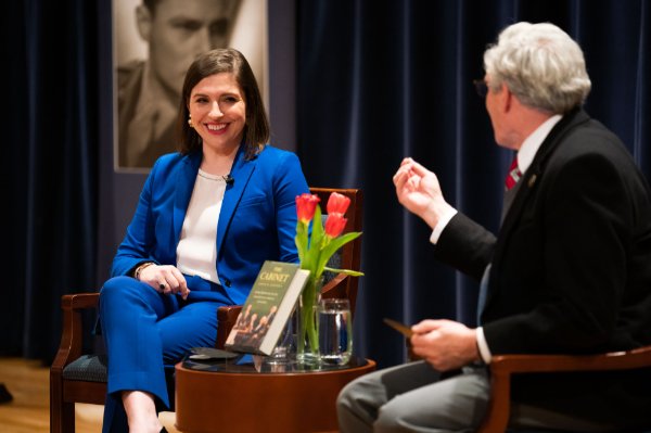 George Washington University professor Lindsay Chervinsky talks with moderator Gleaves Whitney. 