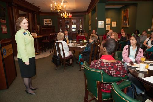 Lori Lococo, international director of Toastmasters, greets members of Grand Valley's Toastmasters clubs.