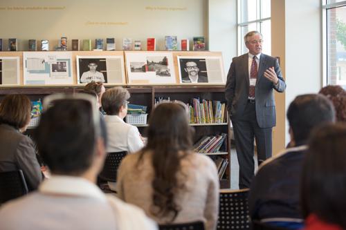 George Heartwell, mayor of Grand Rapids, addresses the audience at the Cook Library Center. 