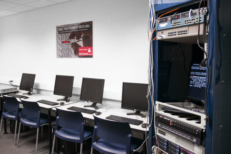 The Network and Security Lab, located in Mackinac Hall on the Allendale Campus, will allow students to simulate fake cyber attacks and learn how to defend against them. 
