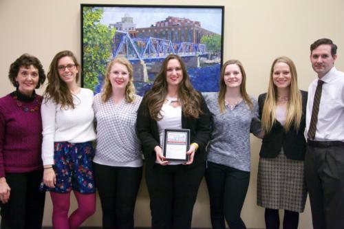   Pictured left to right are: Maria Landon (advisor), Caitlin Green, Kelly Darcy, Amanda Jakubowski, Elizabeth Ellis, Caroline Westgate, and Kevin Lehnert (advisor)