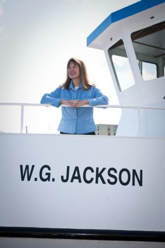 Janet Vail aboard the W.G. Jackson research vessel, berthed at AWRI in Muskegon.