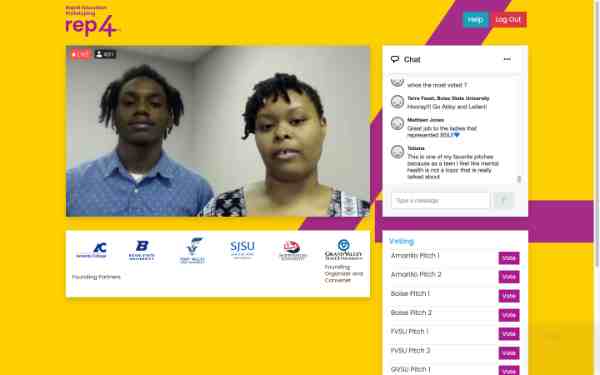 Two students appear on a screen with a yellow background showing a chat and the logos of the REP4 schools.