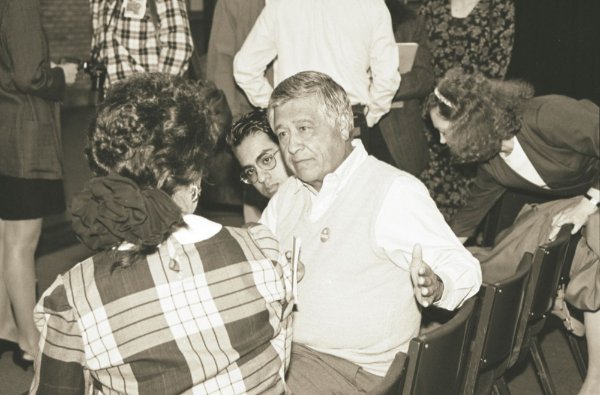 César E. Chávez talks with a GVSU audience in the 1990s.