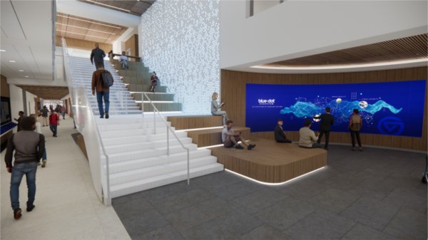 A rendering shows what the atrium of the Blue Dot Innovation Lab will look like, including steps and a screen.