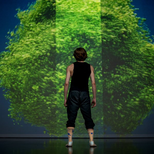 A dancer, with back to the camera, poses on stage in front of a green image on a backdrop.