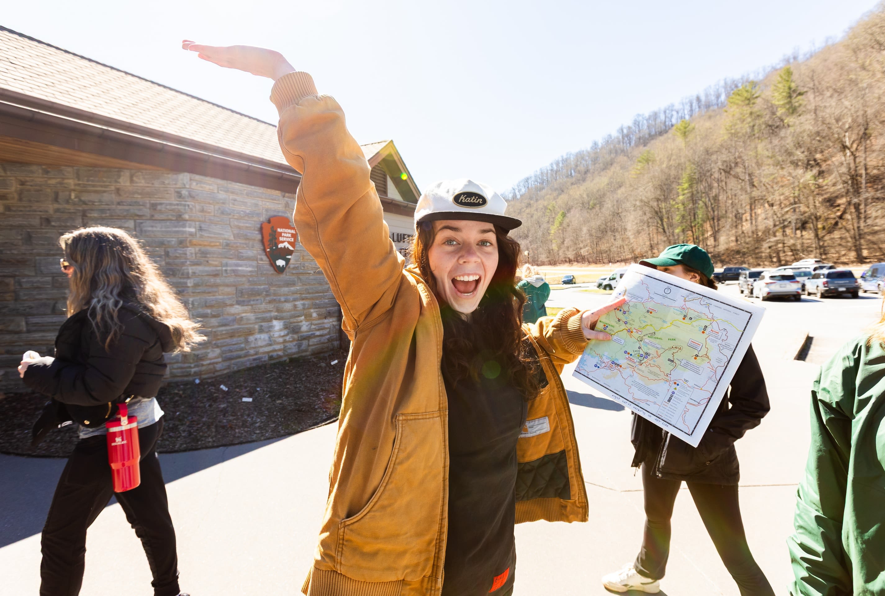 Ashlyn Jenkins, a senior in social work, holds up a map as the group travels to North Carolina.