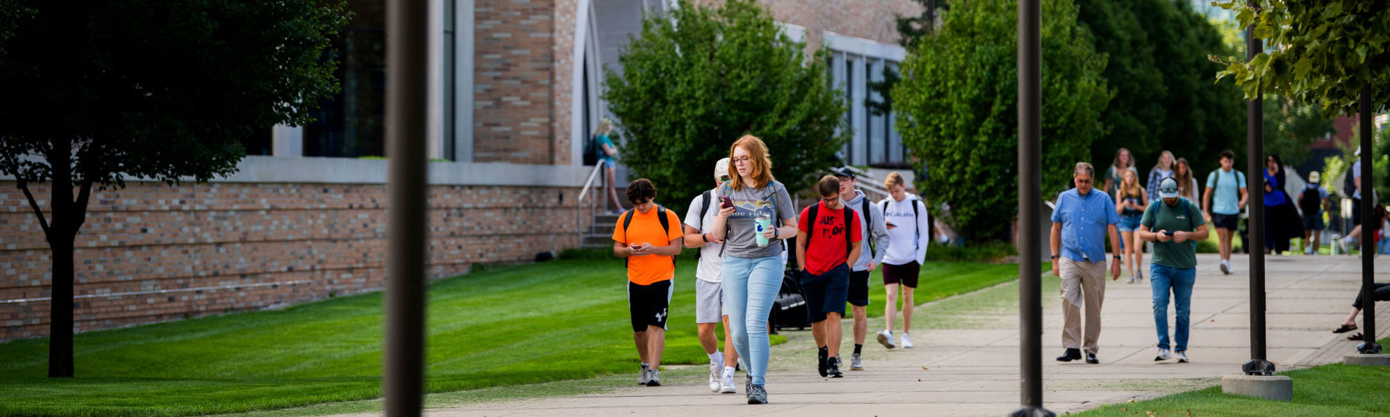 students walking downtown