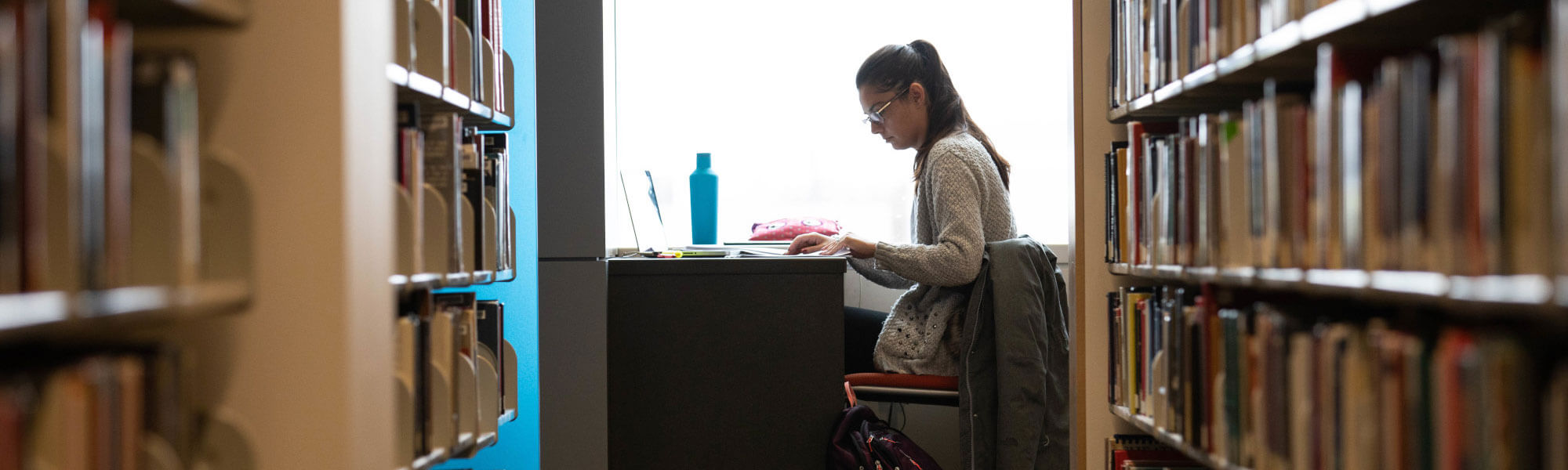 GVSU student at work in the Mary Idema Pew Library.