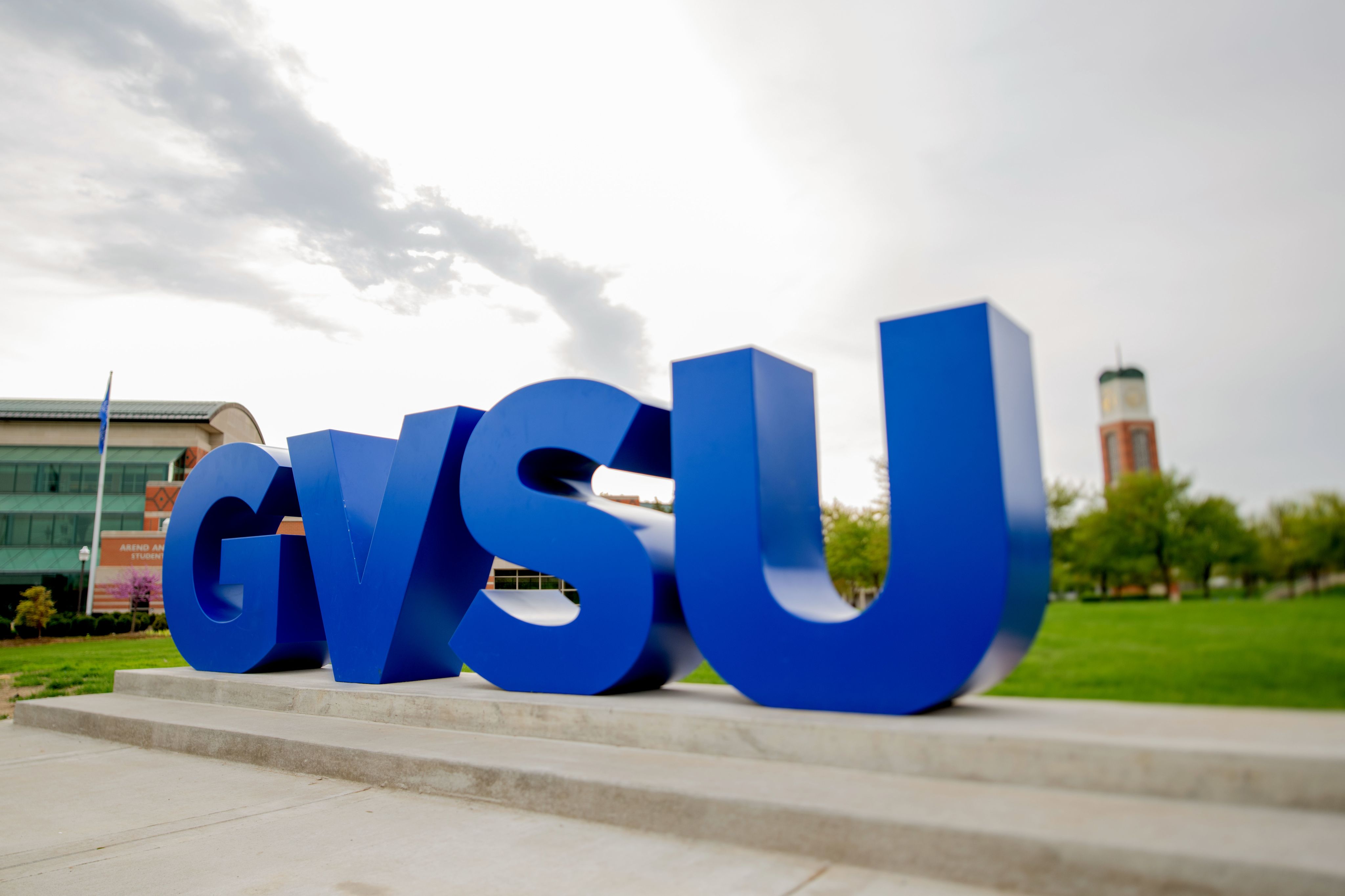 Large blue GVSU letters on Allendale campus